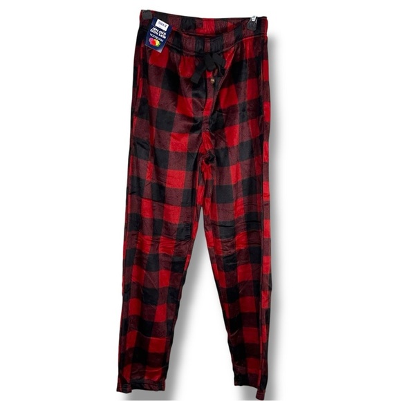New Small Fruit Of The Loom Mens Red Black Fleece Pants Pull On Drawstring - Picture 1 of 12